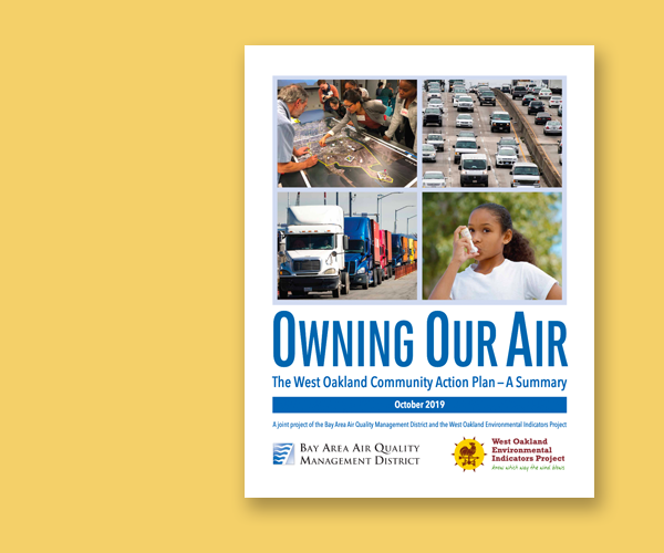 Cover of the 'Owning Our Air' report featuring diesel trucks, a young girls with an inhaler, and other scenes from West Oakland.