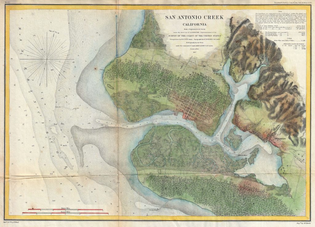 1857 color illustrated map of Oakland, titled San Antonio Creek