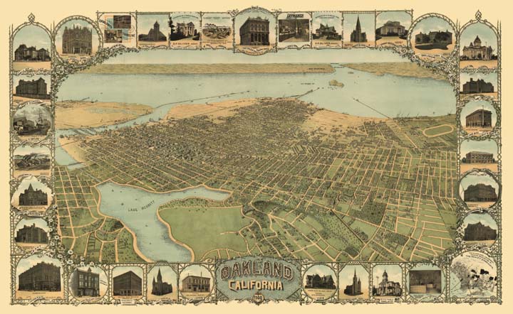 Color illustration of the Oakland, CA shoreline from 1900, surrounded by a border of illustrated historical buildings.