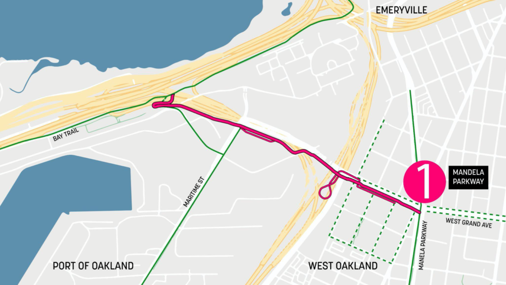 Map of West Oakland with segment 1 highlighted in pink.