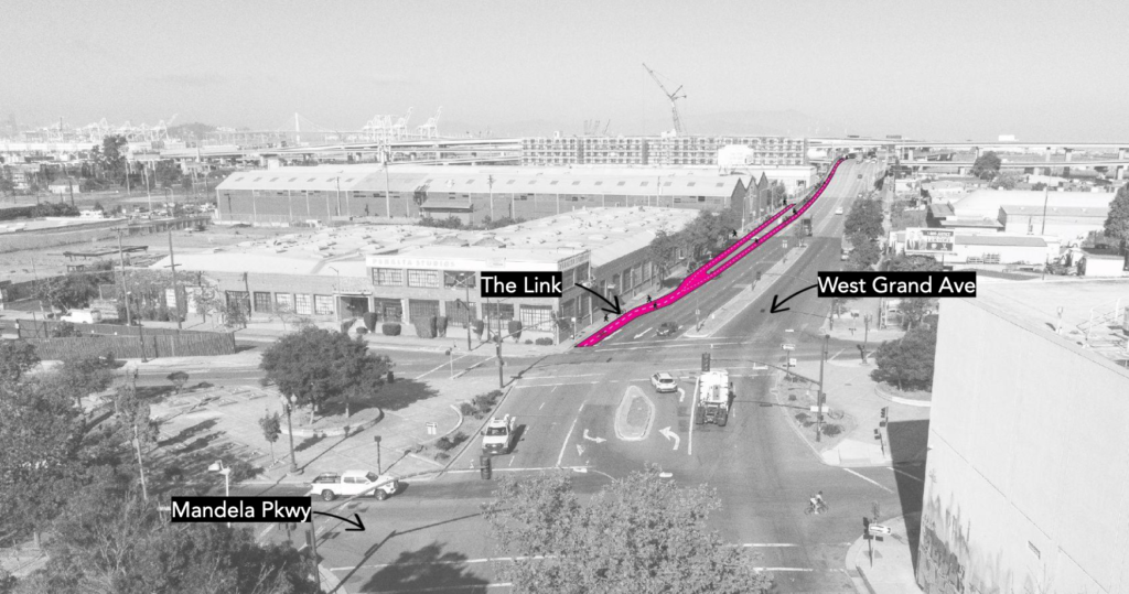 A pink line along Mandela ending at the intersection of Mandela and West Grand shows where the Link picks up.