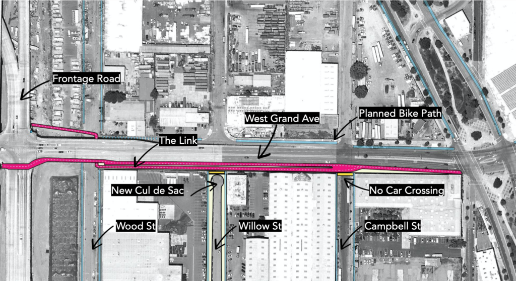 Black-and-white aerial photo of West Grand showing the Link path in pink running alongside West Grand on a now-carless street, from Wood St. to Mandela.