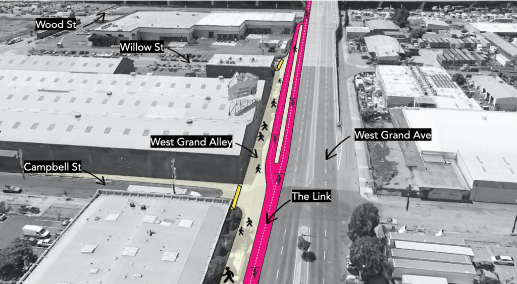 Black-and-white aerial photo of West Grand showing the Link path in pink descending from freeway elevation and looping back alongside West Grand at ground level, separating the West Grand freeway ramp from a new pedestrian path on now-carless West Grand Alley.