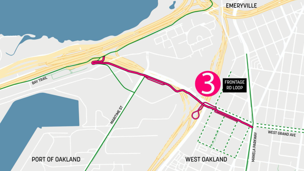 Map of West Oakland showing the Frontage Road Loop highlighted in pink.
