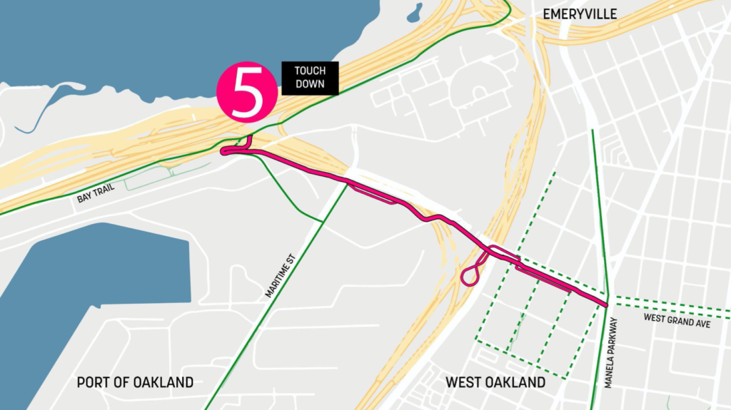 Map of West Oakland featuring segment 5 of the Link path in pink.