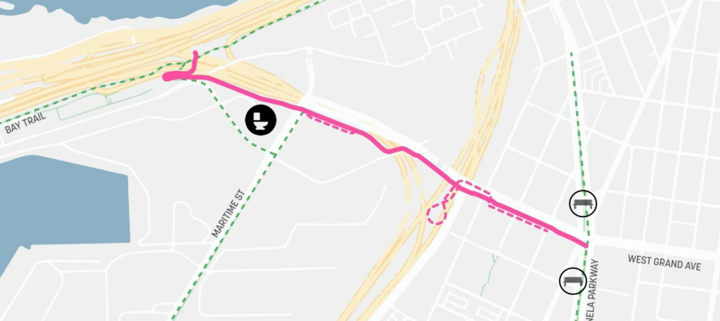Map of West Oakland showing the Link pathway in pink running along West Grand Ave to the Bay Bridge