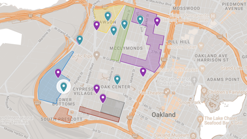 A map of West Oakland shows seven brightly colored zones, and within each zone are blue pins representing combination sensors and purple pins representing Purple Air sensors.