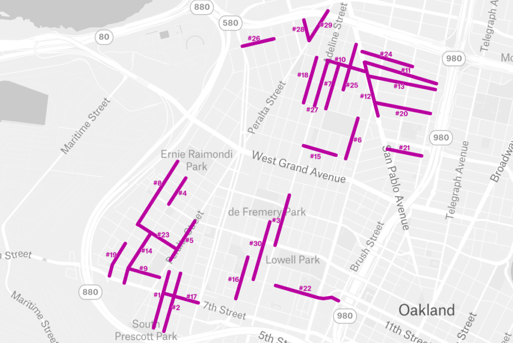 Map of West Oakland shows lengths of sidewalks in purple, numbered by priority.