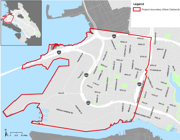 Map of West Oakland shows a pink boundary line along the shoreline, and approximately along I-580 and I-980.