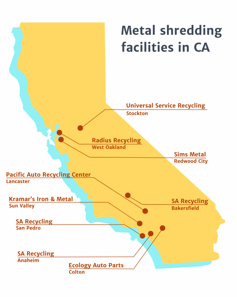Metal shredders in California map